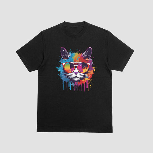 Watercolor Cool Cat Black Kids Tshirt